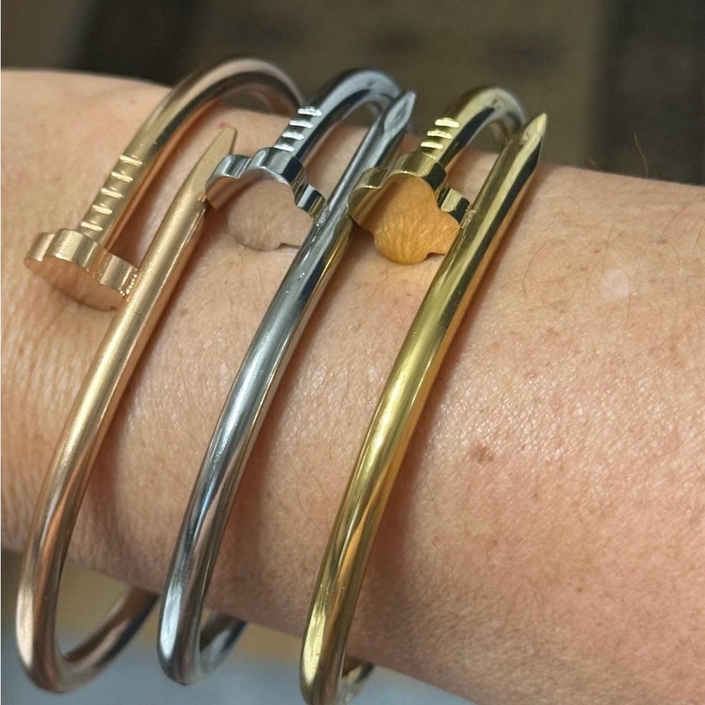 Elegant Gold, Silver, and Rose Gold Nail Bangle Set